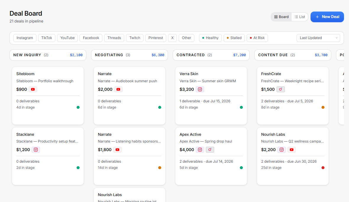 CreatorHQ deal board — kanban pipeline of brand deals