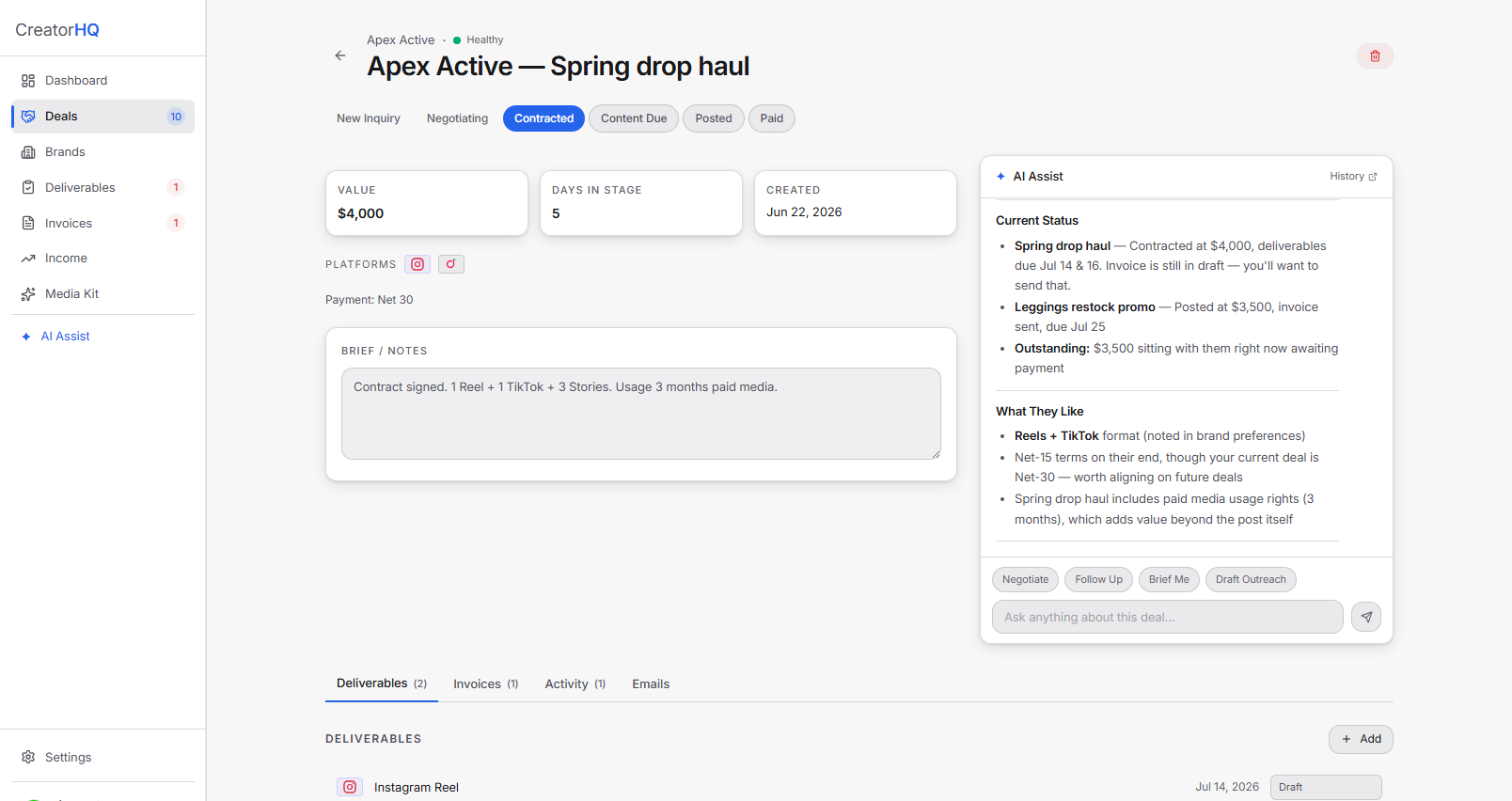 CreatorHQ — AI insights and actions on a brand deal